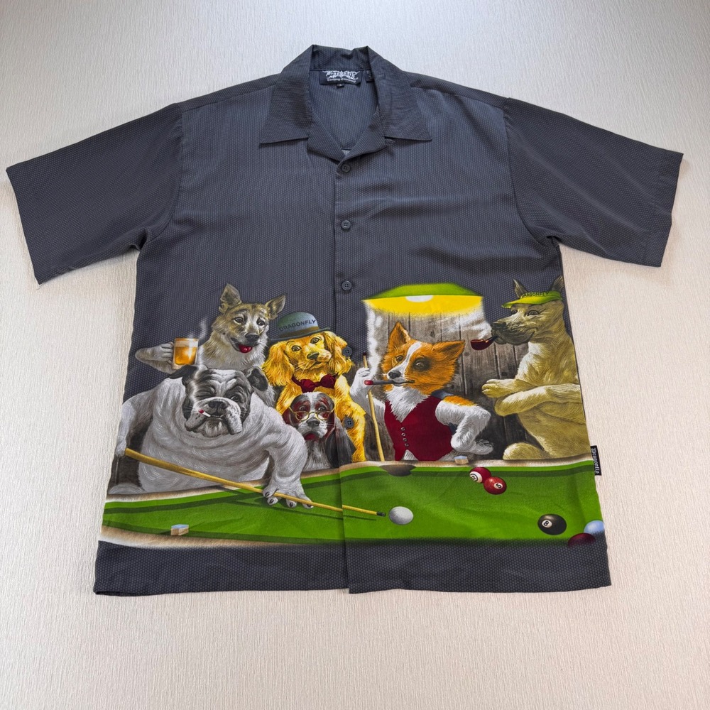 Dragonfly Clothing Dogs Playing Pool Billiards Button Down Shirt Mens Large VTG